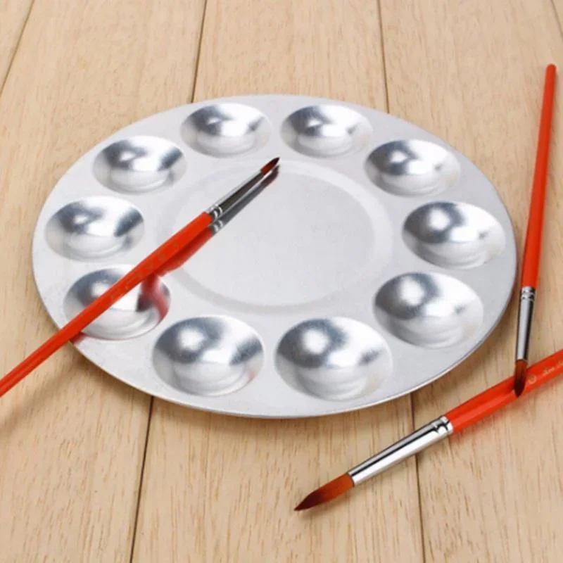 10 Well Aluminium Mixing Palette Round Art Painting Tray Watercolor School Tool Pigment Case