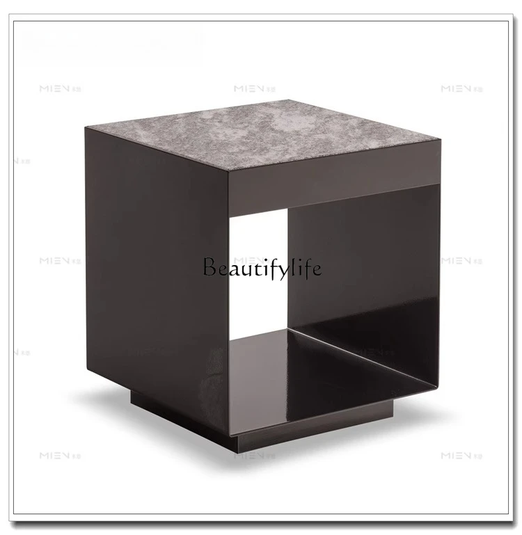 Light luxury marble stainless steel edge table black titanium steel color living room square coffee table