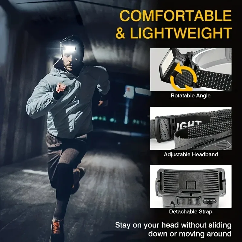 Type C Rechargeable Headlamp Motion Sensor Battery Indicator 5 Lighting Modes Hands Free Headlight  Running Cycling Fishing