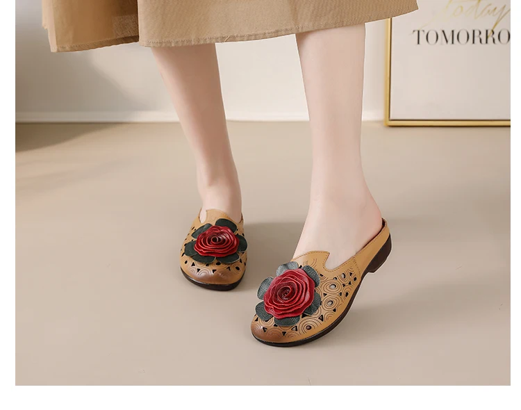 Neue große Blumen-Sandalen aus Rindsleder für Damen, Sommer-Mules mit Cut-Outs, niedrige Absätze, Retro-Luxus-Slipper-Sandalen, Slip-On-Schuhe für Damen – Detail 7