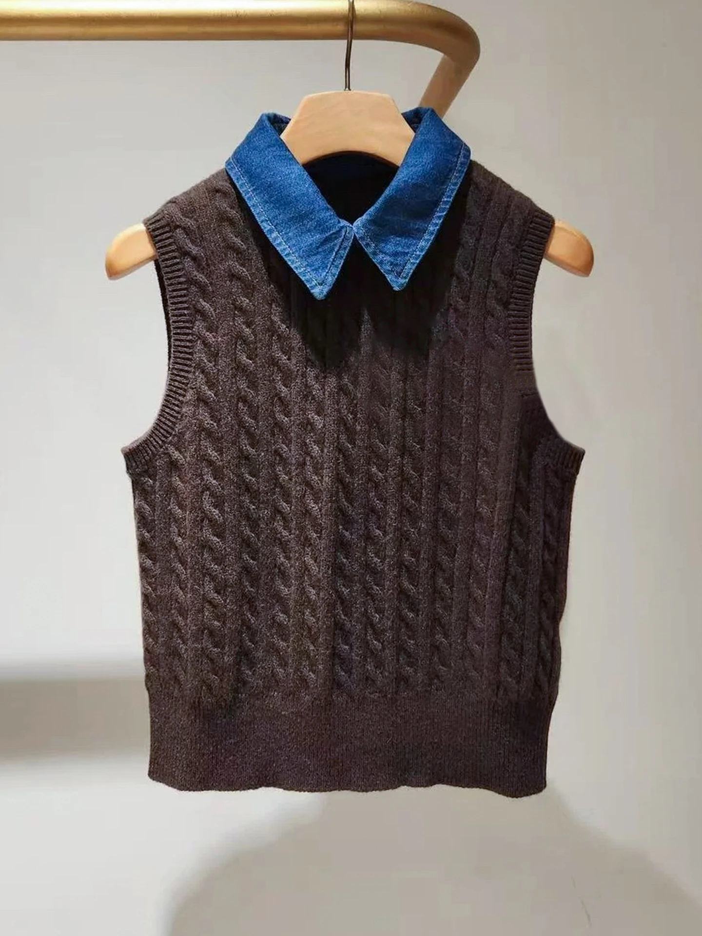 

High-End Women's Denim Knitted Vest Collared College Sle ort H-ape Outerwear Daily Wear Autumn Winter Faion