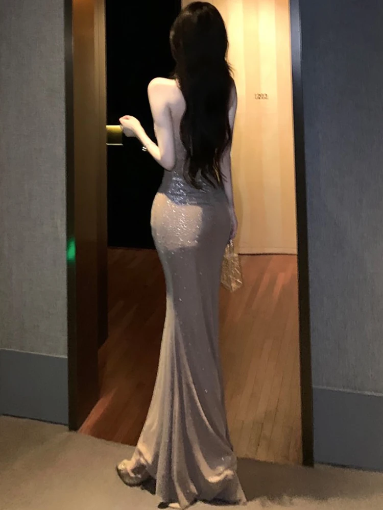 Femmes solide paillettes Chic poitrine enveloppement Sexy robe Maxi été élégant moulante robe de soirée 2025 coréen Vintage luxe robes