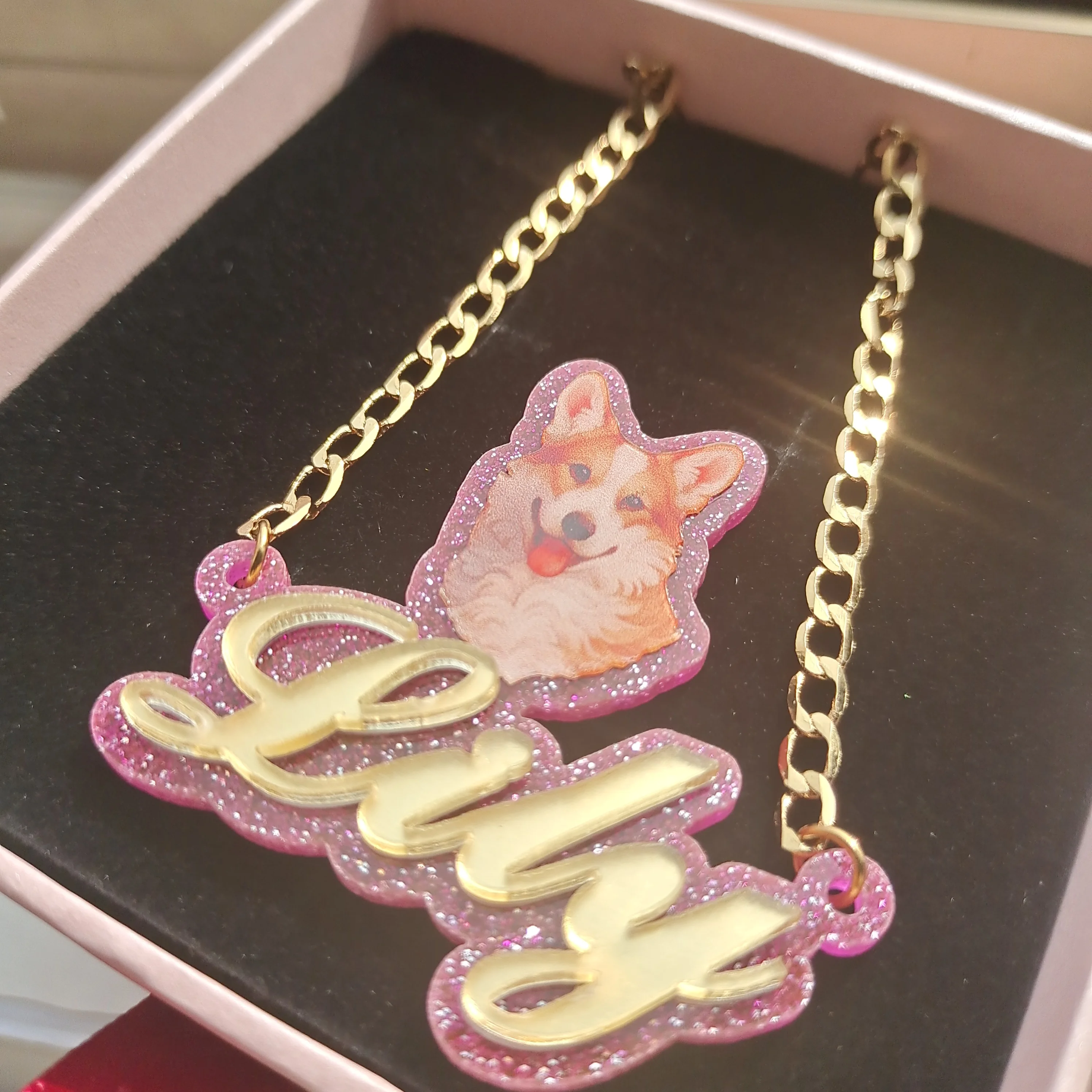 Dog Pet Cartoon Name Necklace Custom Name Acrylic Logo Pendant Personalized Mirror Gold Nameplate Jewelry Birthday Fun Gift