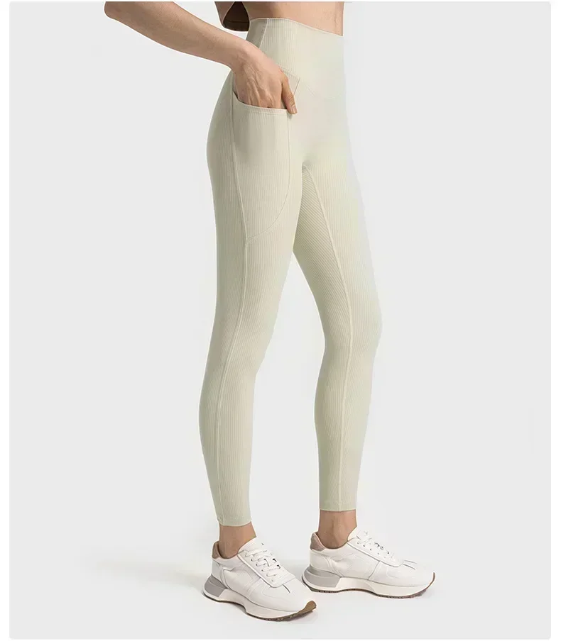 Lemon Women High Waist Ribbed Fabric Leggings with Pockets Gym Running Sport Yoga Pants Outdoor Jogging Sport Tights Trousers