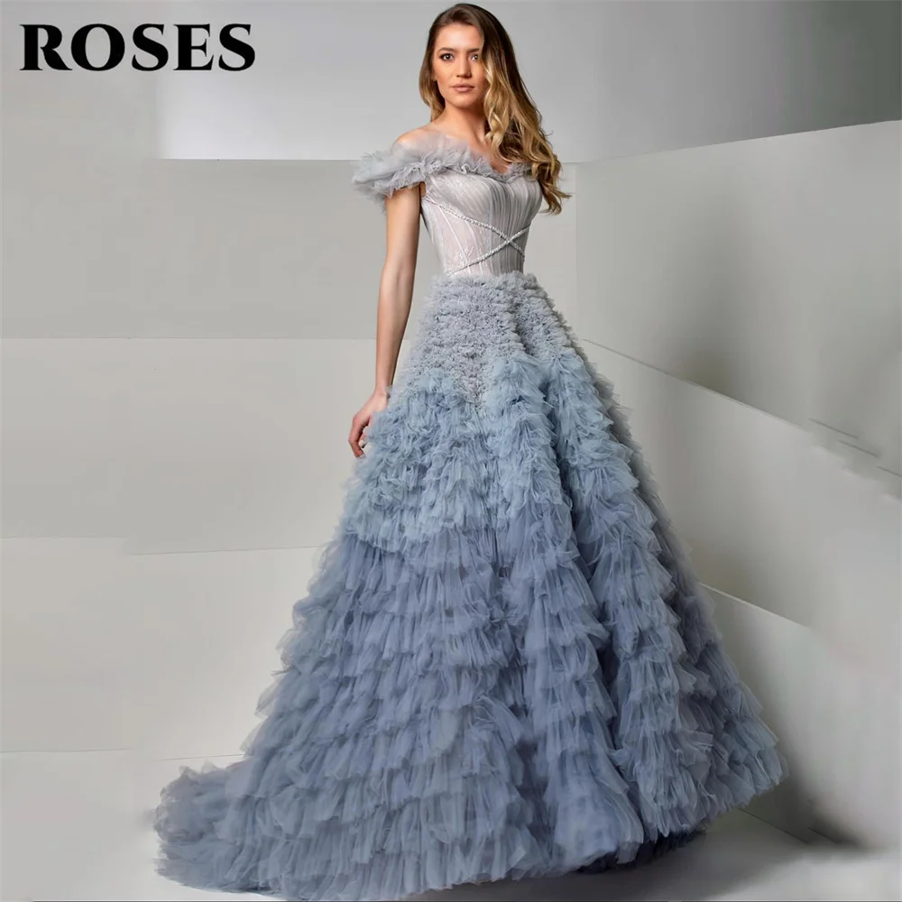 ROSES Gradient Gray Blue Prom Dress Off Shoulder Celebrity Dress Tiered Women's Evening Dresses Tulle Formal Gown Customized