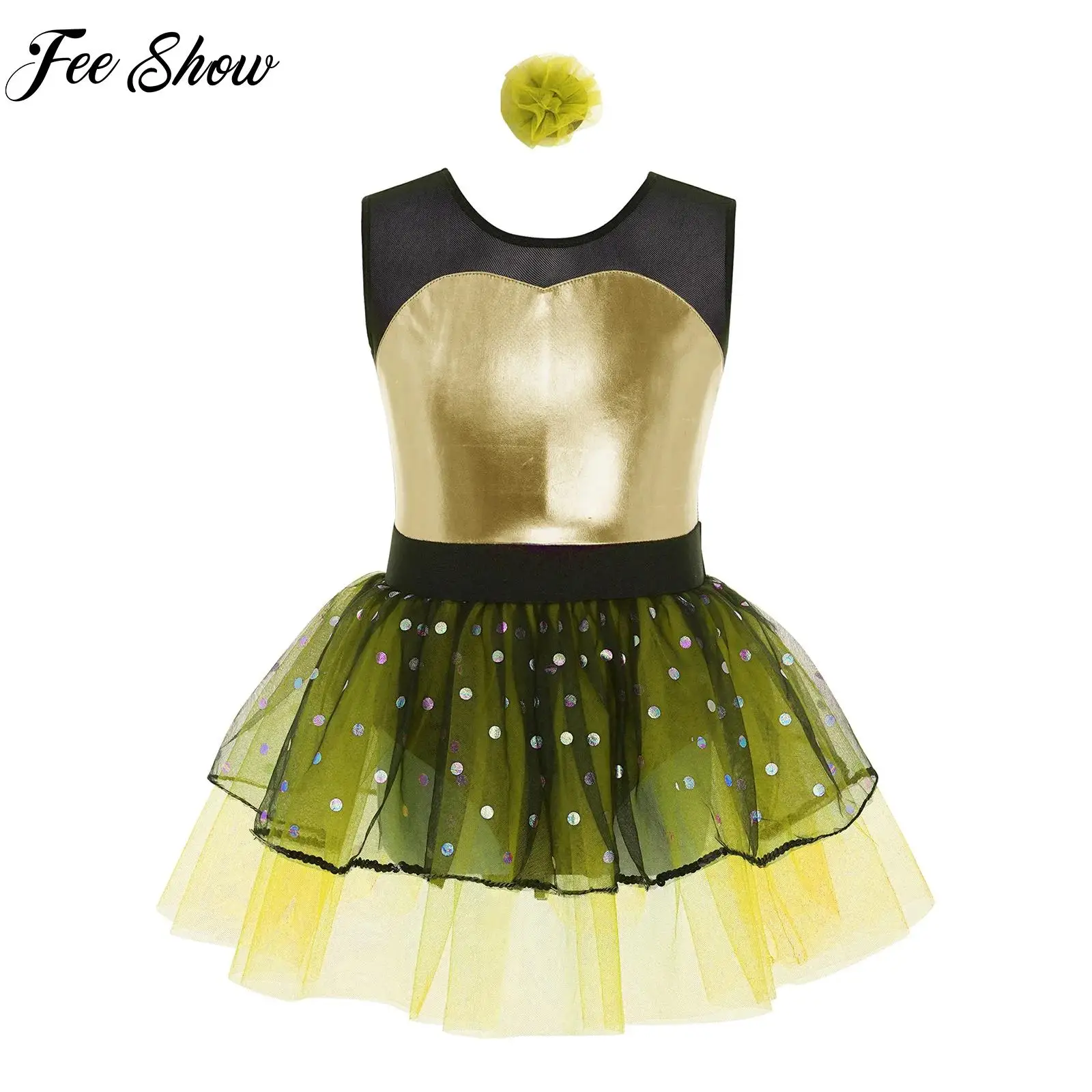 

Girls Stylish Ballet Dance Outfit Gymnastics Figure Skating Costume Sheer Mesh Metallic Bodice Tulle Tutu Dress Outfit Dancewear