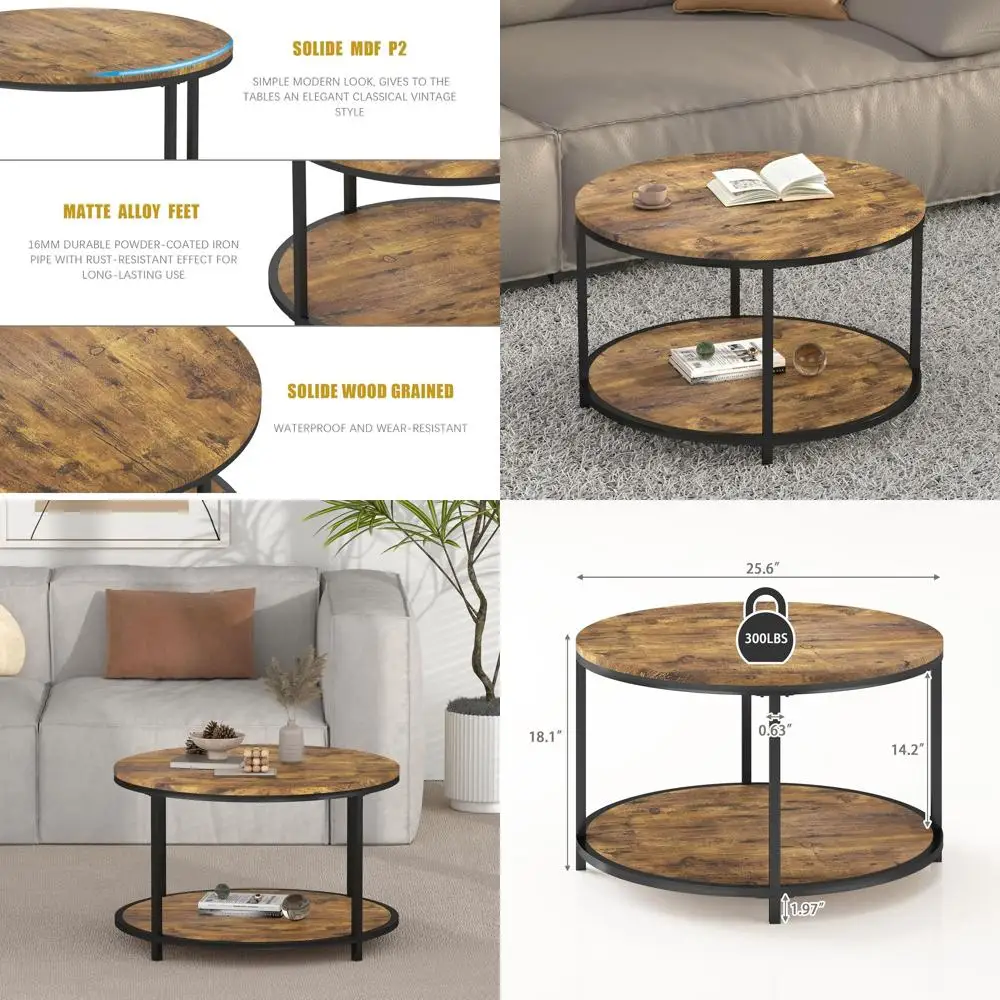 

Rustic 2-Tier Wooden Coffee Table with Storage Shelf for Small Living Room Spaces (Brown)