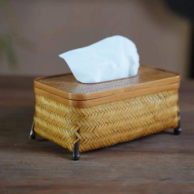 Retro Handmade Bamboo Woven Tissue Box Large Rectangular Paper Holder with Handle for Living Room Study Tea House Decor