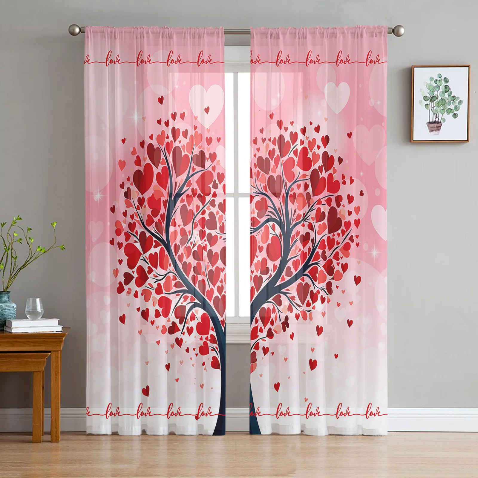 Valentine'S Day Love Tree Illustration Tulle Sheer Curtains for Living Room Home Decor Window Curtains Bedroom Voile Drapes