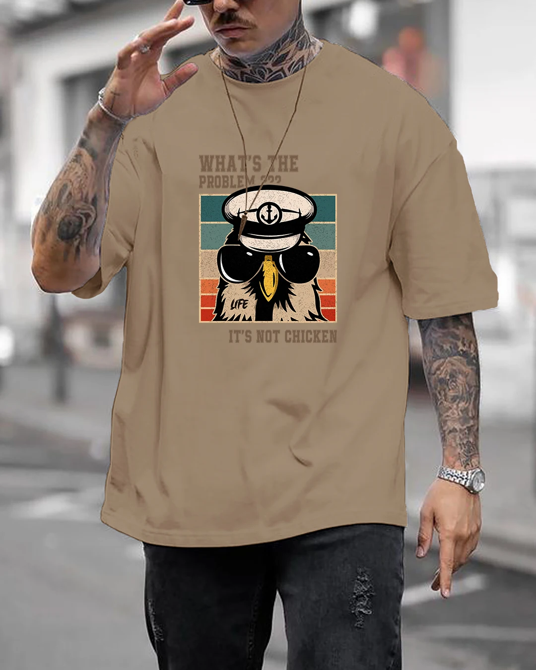 Men Oversized T Shirt Captain Eagle Sunglasses Retro Striped Square Slogan Print Crew Neck Short Sleeve Street Loose Casual Tee