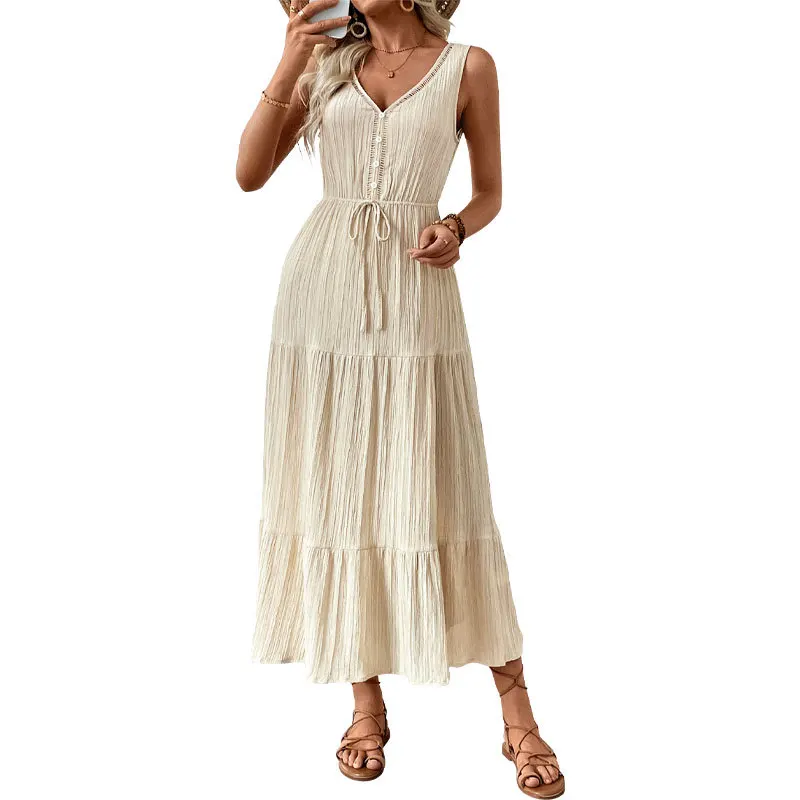 Leisure and Holiday Style Women's Dress 2025 Summer Texture Sleeveless Seaside Dress