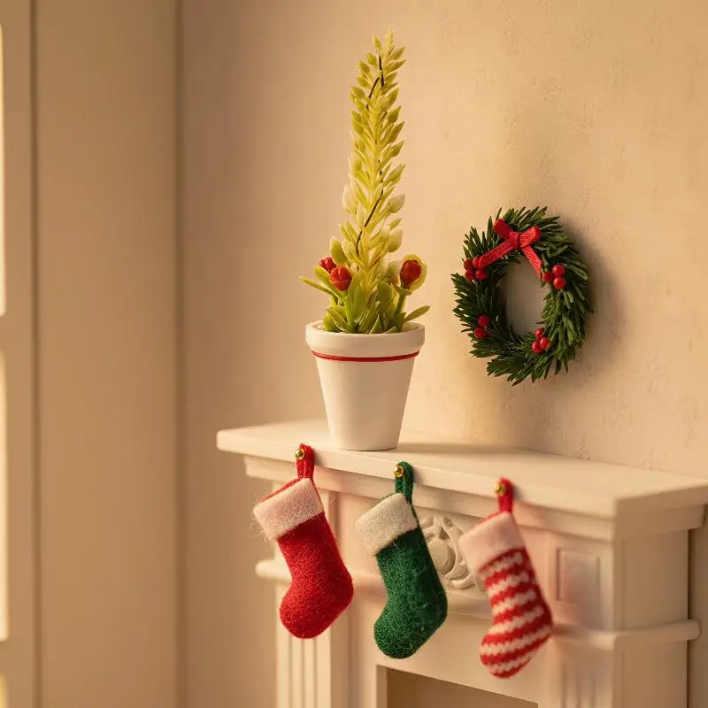 // Mini Christmas Potted Tree Model 1/12 Dollhouse Artificial Plant Decor Ornament Dollhouse Home Scene Ornaments Photo Props