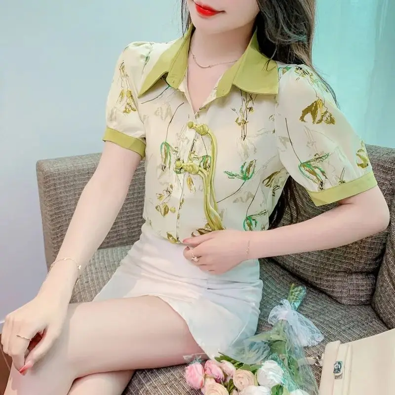 Woman Clothes Top Chinese Style Floral Printing Loose All-match Fashionable Elegant Comfortable Youth Lively Polo-neck Buttons