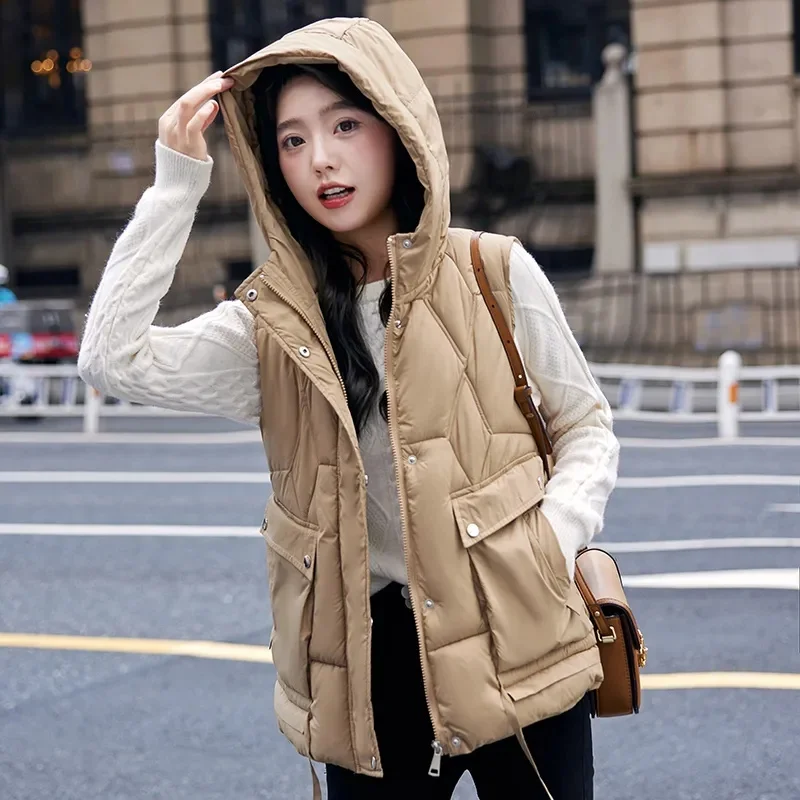 2023 New Women Sleeveless Puffer Vest Winter Warm Down Cotton Padded Jacket Female Hooded Veats Parkas Waistcoat