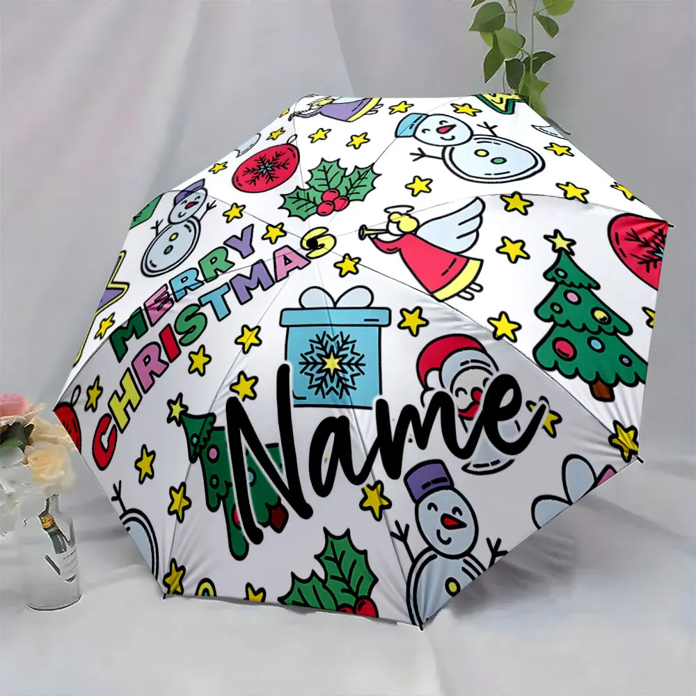 Custom Name Custom Christmas Umbrella with Festive Holiday Design Print 8 Iron Ribs Folding Umbrella Auto-Open Fashion Sunshade