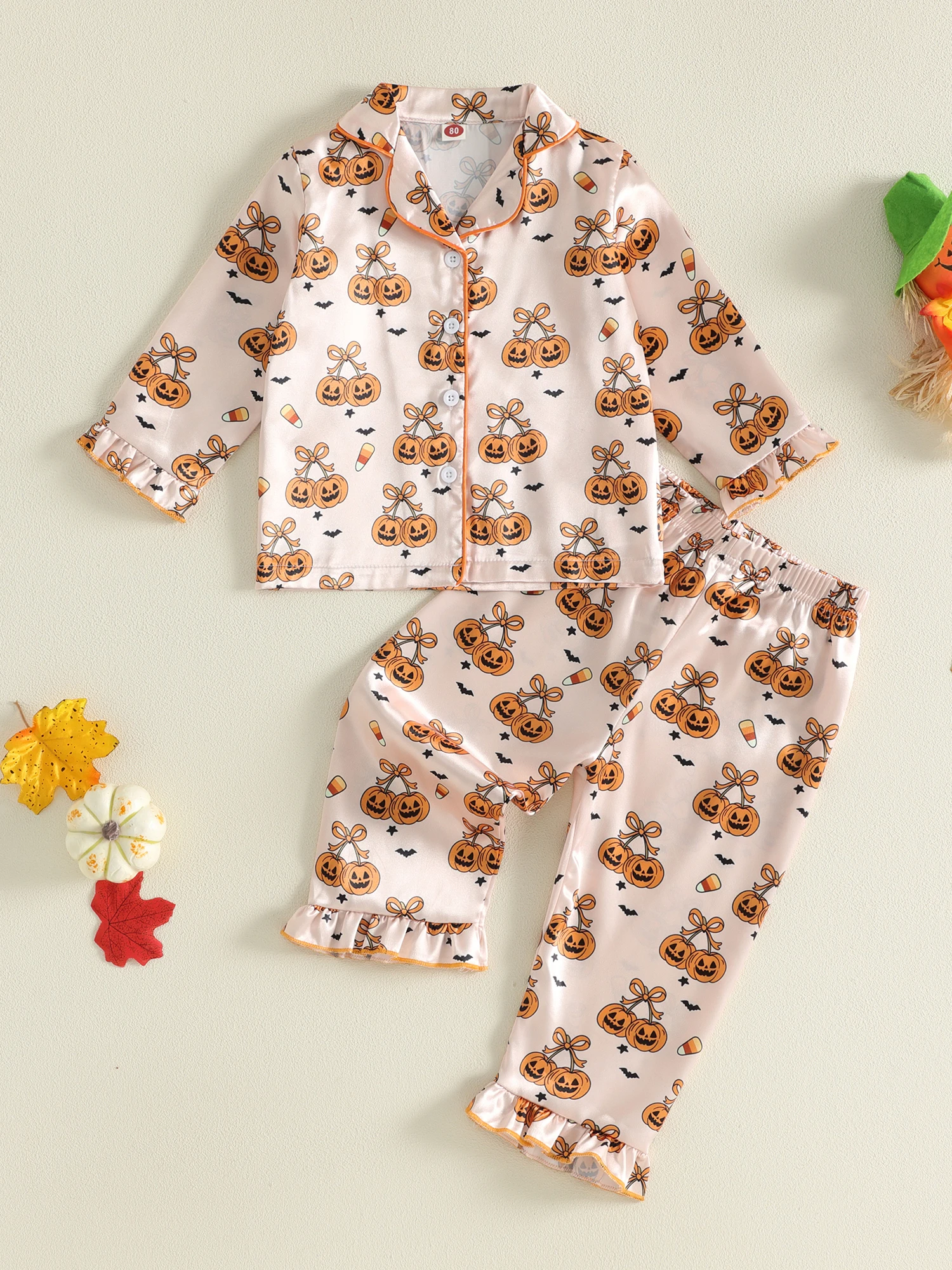 Girls Halloween Pajamas Kids Shirt Elastic Shirt Elastic Up Pumpkin-Print-Button Girls Halloween Kids Girls Halloween