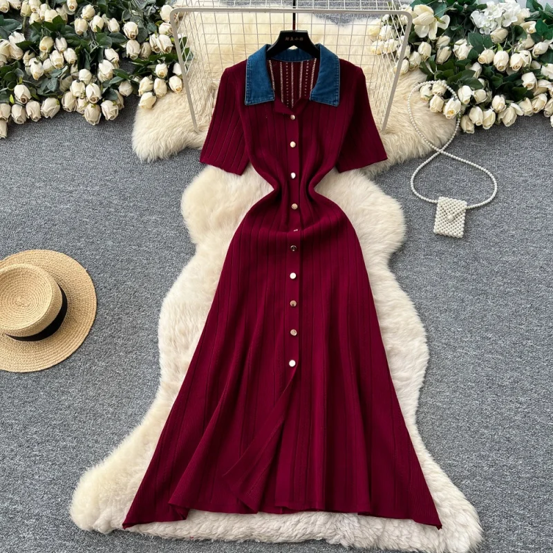 Fashion Colorblock Knitting Dress Summer Clothing Women 2026 Short Sleeve Lapel Collar Maxi Long Dresses OL Style Knitted Dress