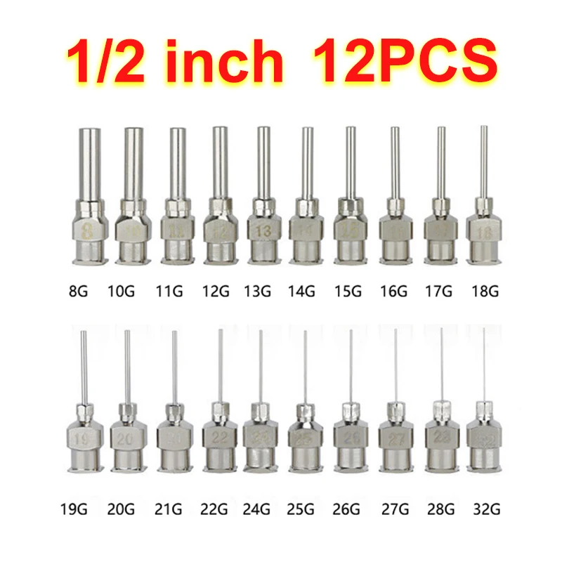 12Pcs/Box 1/2 Inch 13mm 8-32G Stainless Steel Fluid Liquid Dispensing Needle Glue Needle for Refilling Glue Luer Lock Syringes