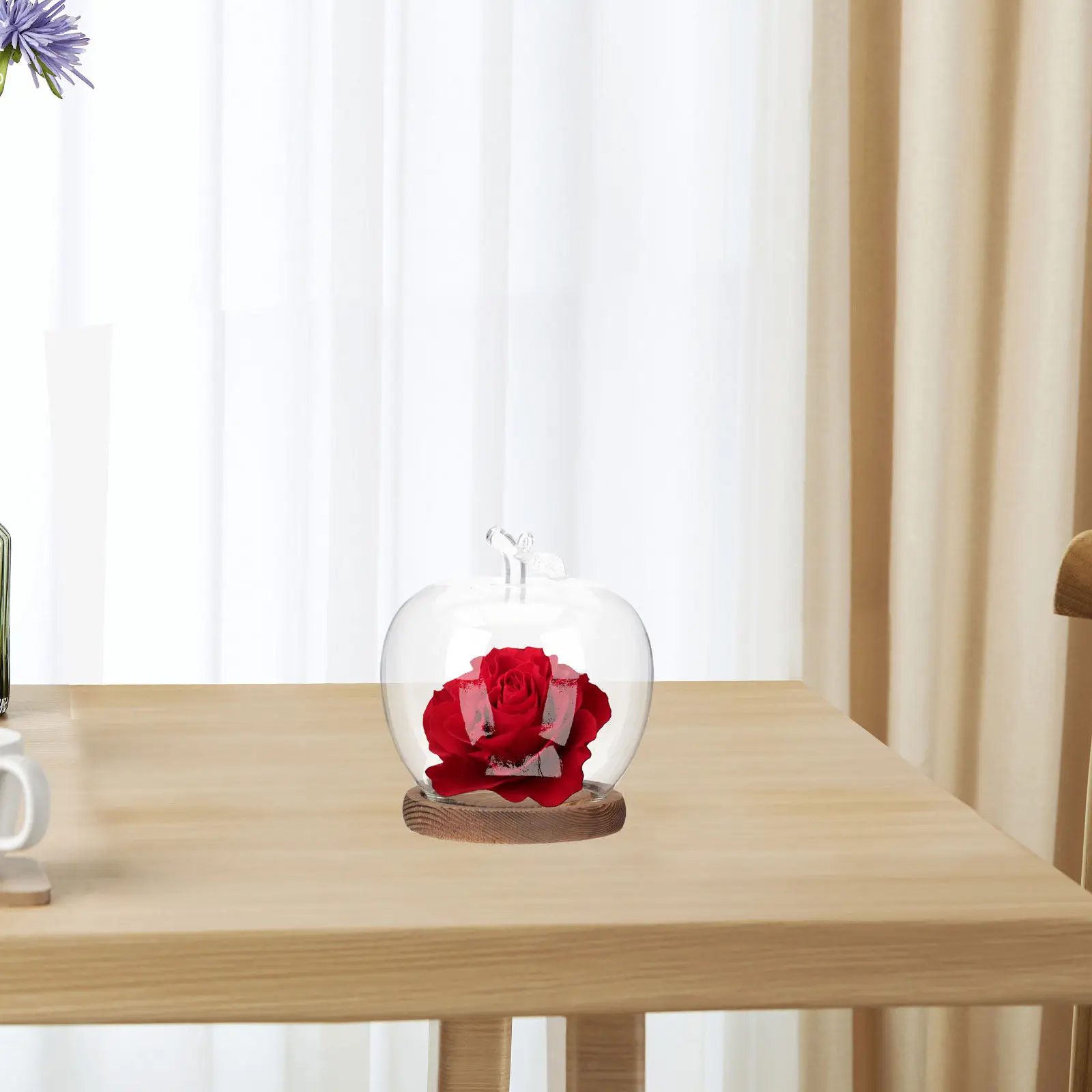 2Pcs Apple Glass Dome Cloche with Wooden Base Clear Display Case for Collectibles Plants Flowers Clay Crafts Party Decoration