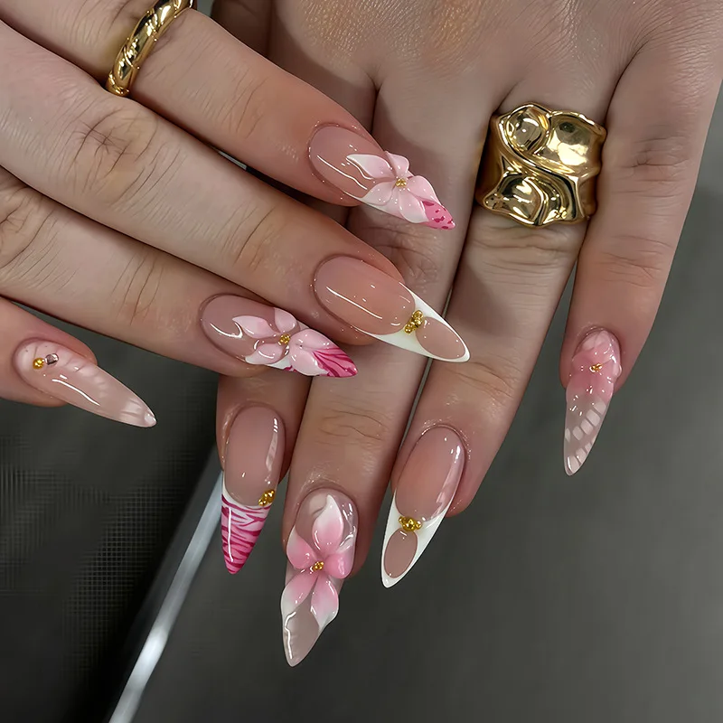 

24PCS 3D Flowers Almond False Nails Sweet Pink Zebra Patterns Simple French Press on Nails Full Cover Wearable Ins Nail Manicure