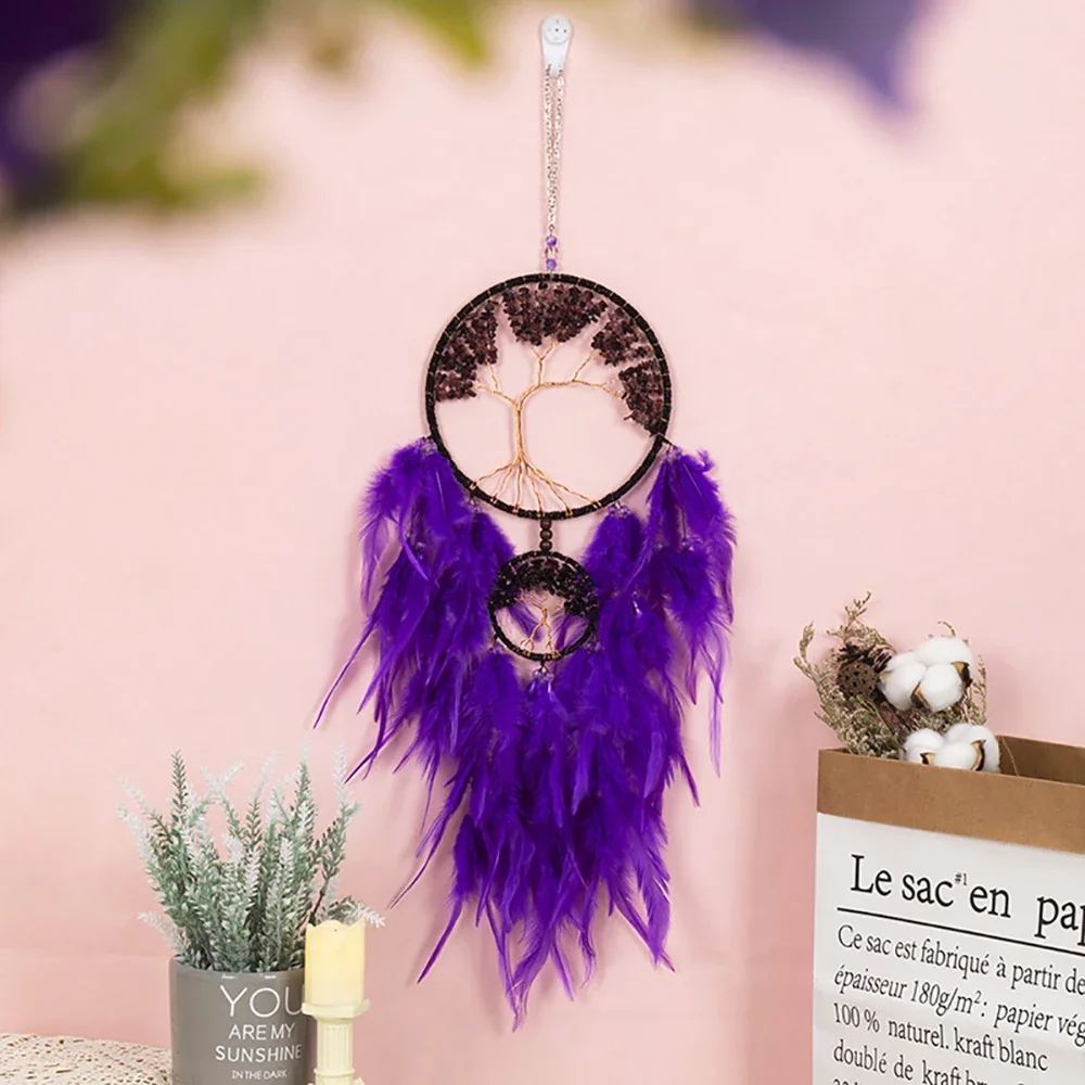 

Handmade Purple Dream Catcher with Healing Crystal Stones Feather Dual Tree of Life Hanging Ornament for Home Bedroom Party Gift