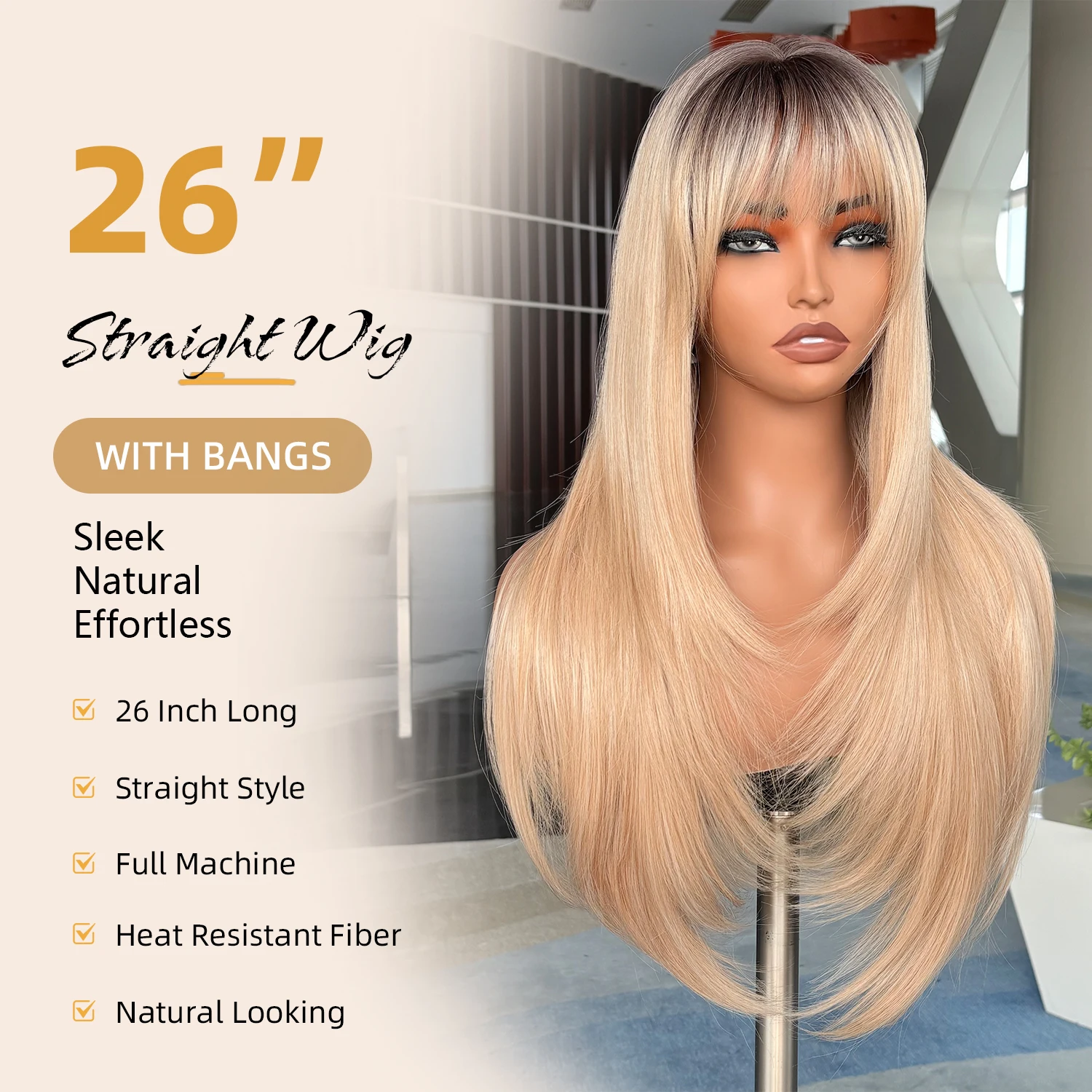 X-TRESS 26“Long Layered Straight Synthetic Wig Shadow Root Ash Honey Blonde Wigs With Fringe Bangs Heat Resistant Fiber Wear Wig