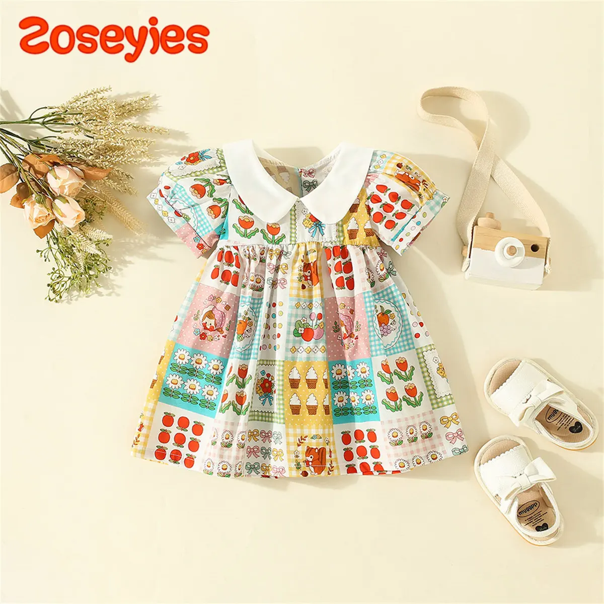 2023 Summer New Kids' Cartoon Checker Print Polo Neck Short Sleeve Daily Girls' Dress