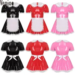 Mens Sissy Servants Maid Dress with Apron Doll Collar Puff Sleeve Ruffle Lace Patent Leather A-Line Dress Cosplay Costume