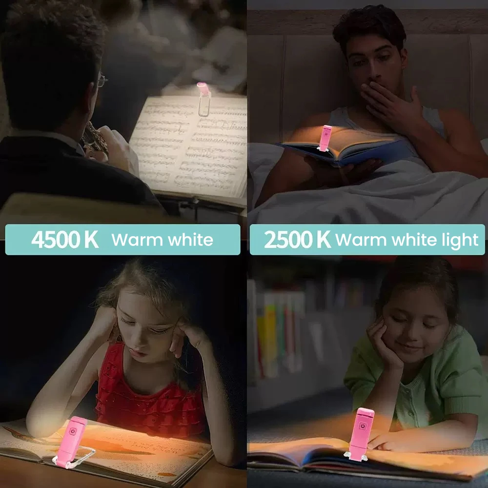  USB Rechargeable Folding LED Clip Reading Light Portable Smart Eye Protection 3 Light Colors Adjustable Brightness Night Lamp