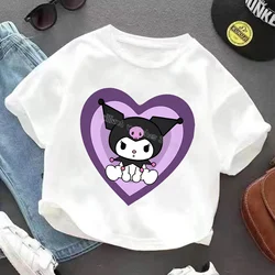 Kuromi T-shirt for Children Cute Sanrio Cartoon Clothes Fashion Fashion Anime Print White Clothing Girls Top Kid Summer Tee Gift