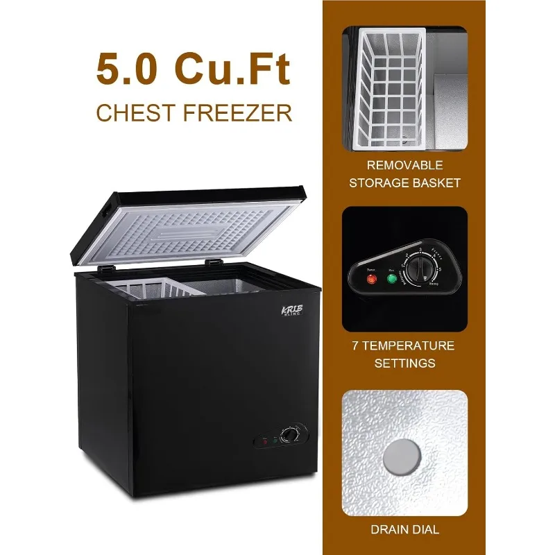 Chest Freezer KRIB BLING 5.0 cu.ft Mini Adjustable 7 Thermostat Compact Deep Freezer Top Door Low Noise with Removable Basket