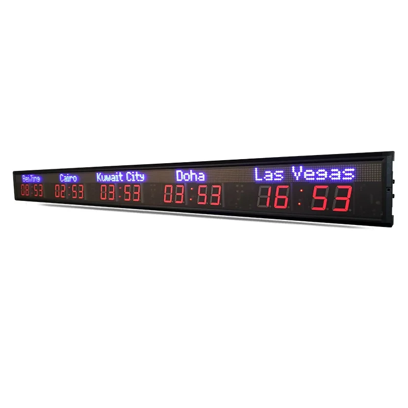 World Clock 5 Time Zone LED Clock Wall Mounted Digital Wall Clock Red and Blue Securities Hotel Plaza large