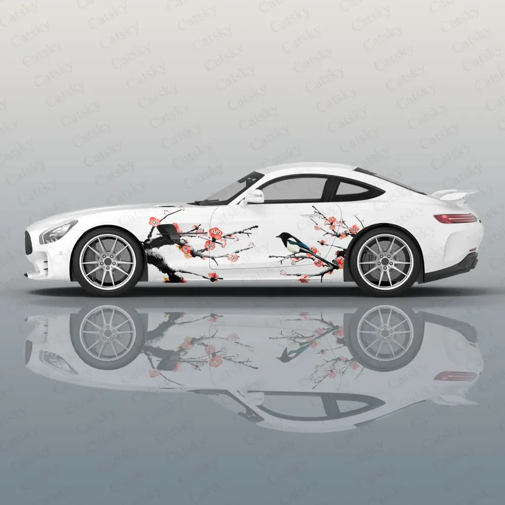 Ink Plum Blossom Racing Car Graphic Decal Full Body Vinyl Wrap Modern Design Vector Image Wrap Sticker Decorative Car Decal