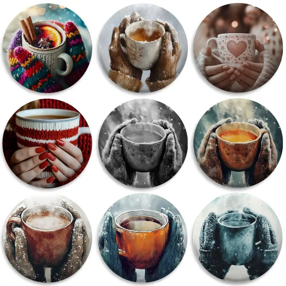 

Coffee A Warm Winter Day Badges Round Exquisite Badge Brooches Creative Pins For Clothes Hat Backpack Gift Accessories