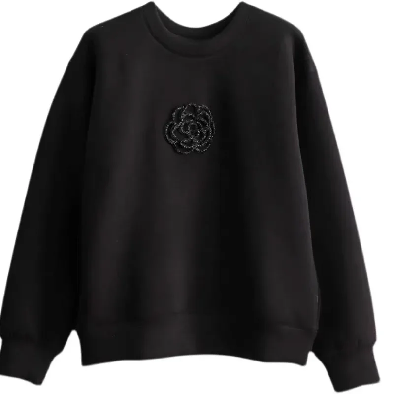 Sudadera de manga larga con cuello redondo, Top de retazos, flor Kawaii, informal, cómodo, negro y blanco, moda de otoño e invierno