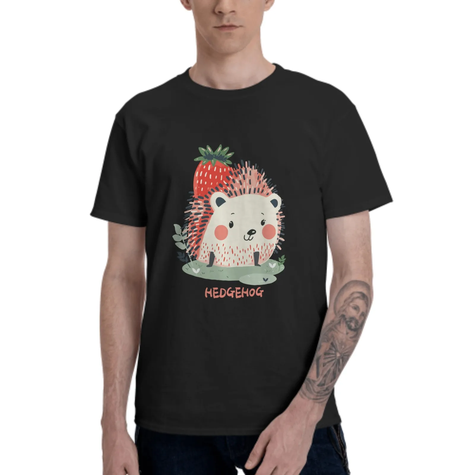 

Hedgehog With Strawberry For Men And Women Cute Hedgehog Funny Animal Holding Fruit T-Shirts