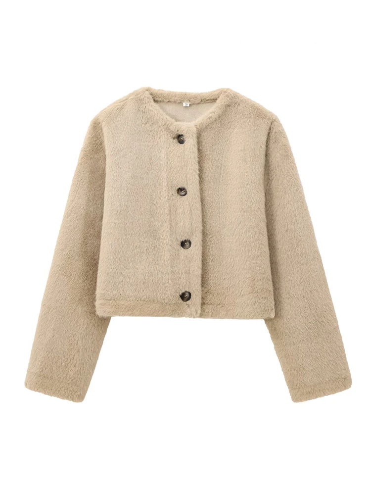 HH Women's Autumn Fashion Versatile Plush Faux Fur Effect Warm Cropped Jacket Female Round Neck Single Breasted Casual Coat