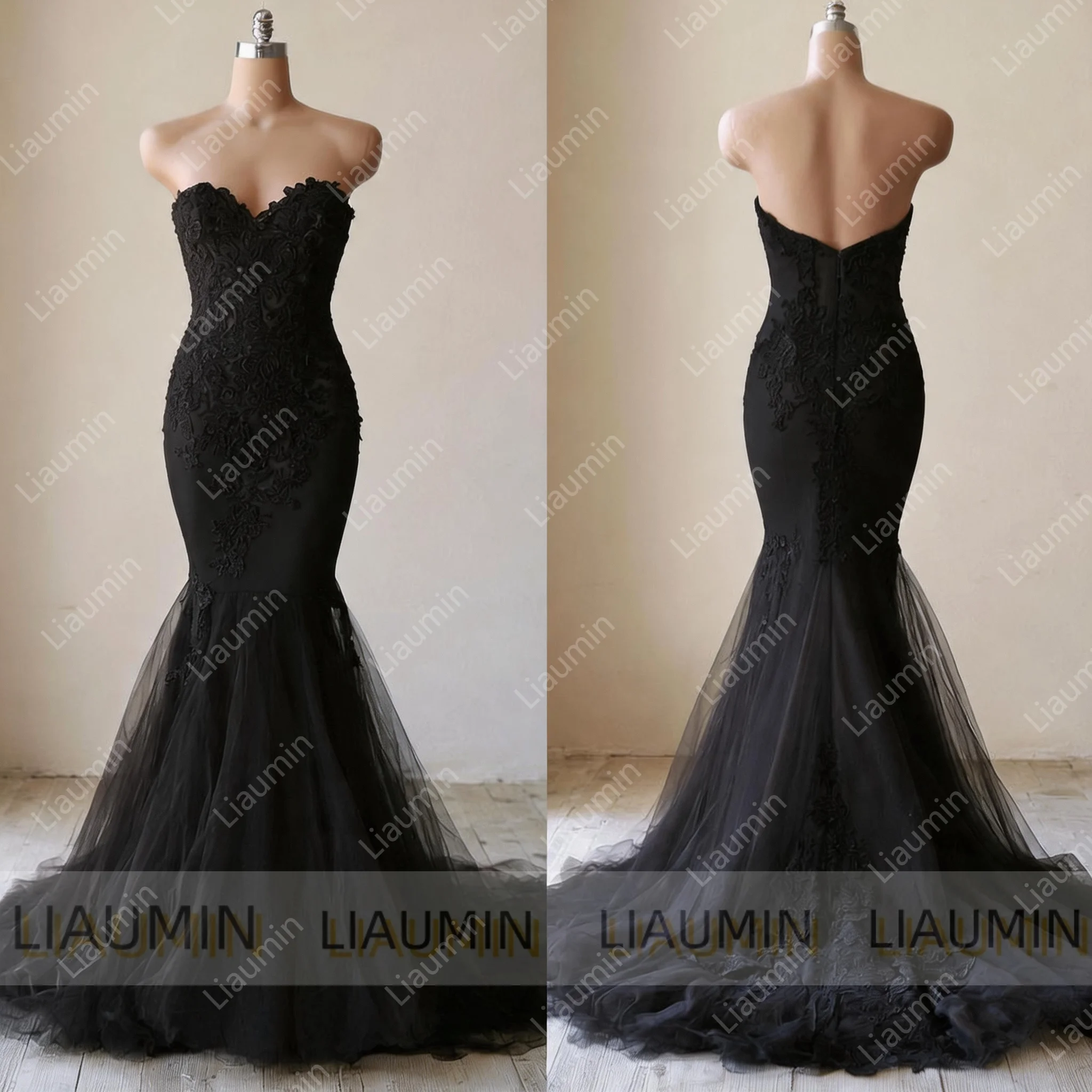 Black Tulle Lace Applique With Train Floor Length Formal Prom Gown Vintage Wedding Evening Prom Bridesmaid Dress Customizd W22
