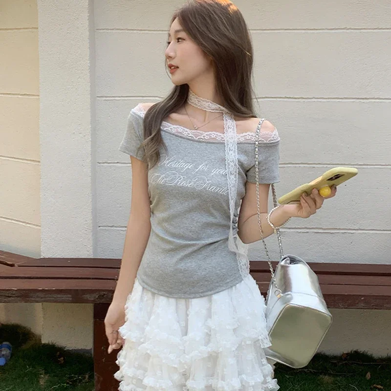 SMVP Y2K Streetwear Lace Slash Neck TShirt Women Korean Letter Printed Off Shoulder Slim Tees Woman 2025New Short Sleeve Tshirts