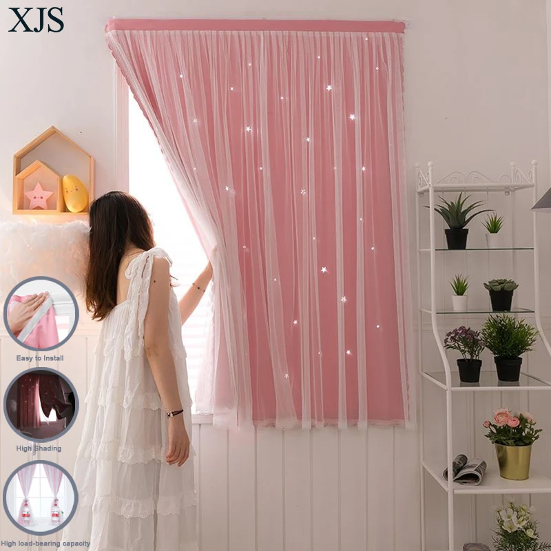 Magic Tape Stick on Portable Curtains for Windows Bedroom Hollow Star Double Layer Blackout Curtains Girls Room Darkening Drapes