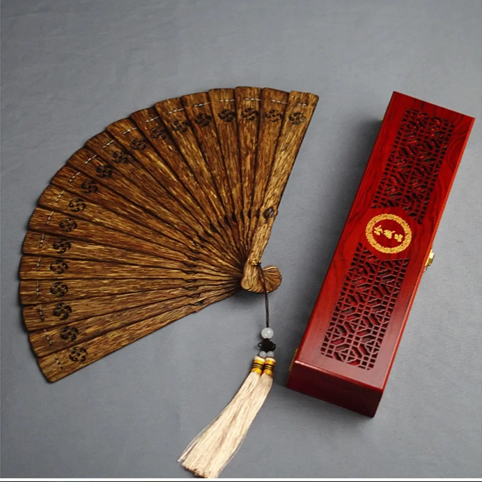 7.15-c13  agarwood fan carving hollow agarwood handicraft ornament antique shooting props handheld solid wood fan view 3