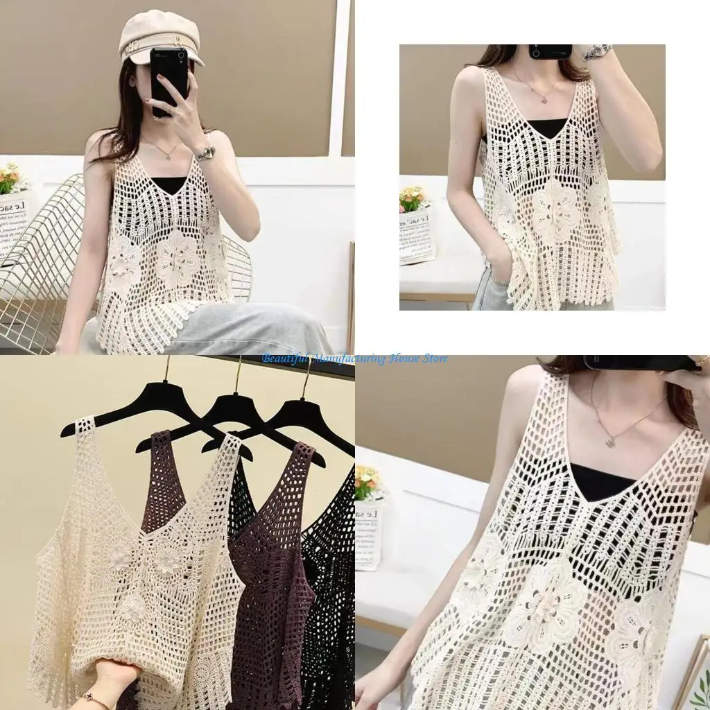 

E56A Женский вязаный крючком без рукавов для майки с v-образным вырезом и полым вязаным пляжным свитером с цветочным принтом Ve