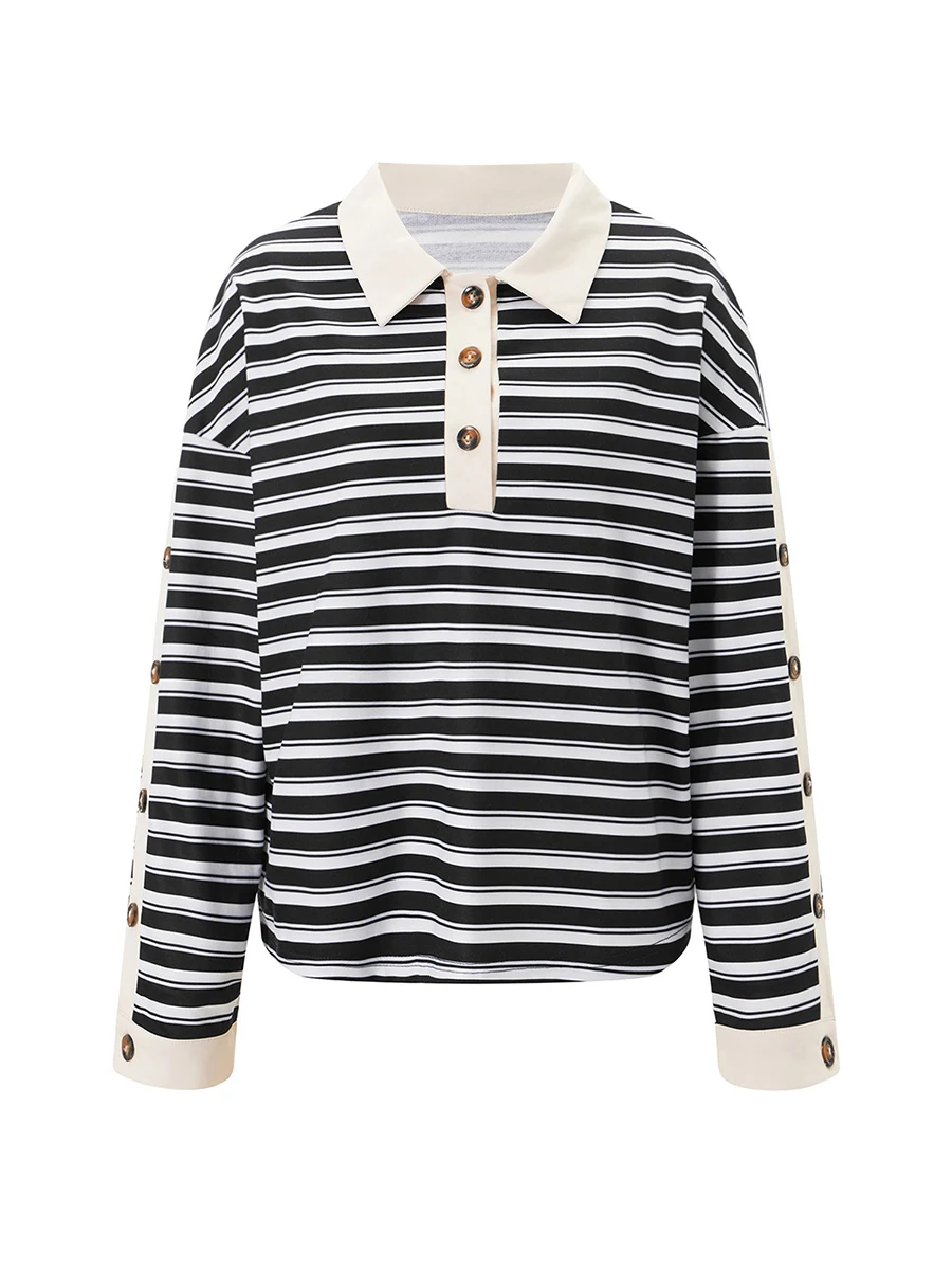 Women s Striped T-Shirt Contrast Color Long Sleeve Lapel Neck Button-up Casual Pullover Tops