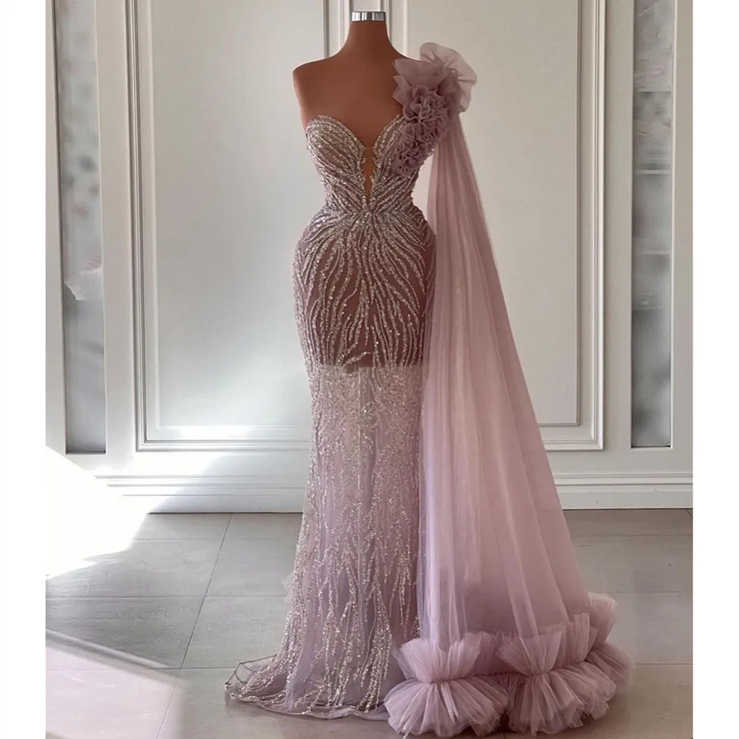 Pink Prom Dress Sleeveless V Neck Strapless Lace Cape Sequins Hollow 3D Lace Sweep Length Plus Size Party Evening Dresses Gowns