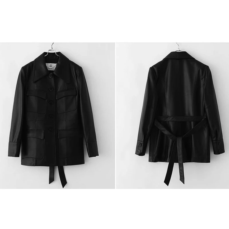 Giacca in vera pelle di pecora importata per donna Giacca in pelle slim fit da donna con cintura monopetto nera autunno 2025