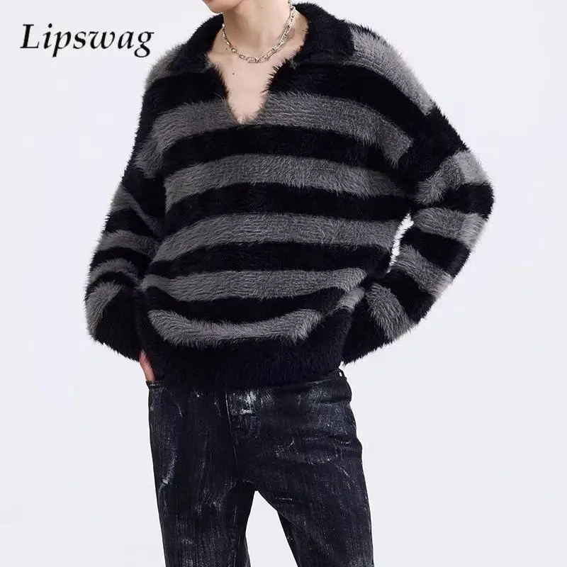 

Пушистые уютные флисовые полосатые рубашки, мужские модные джемперы с лацканами и длинными рукавами, осень-зима, повседневные флисовые пуловеры с v-образным вырезом