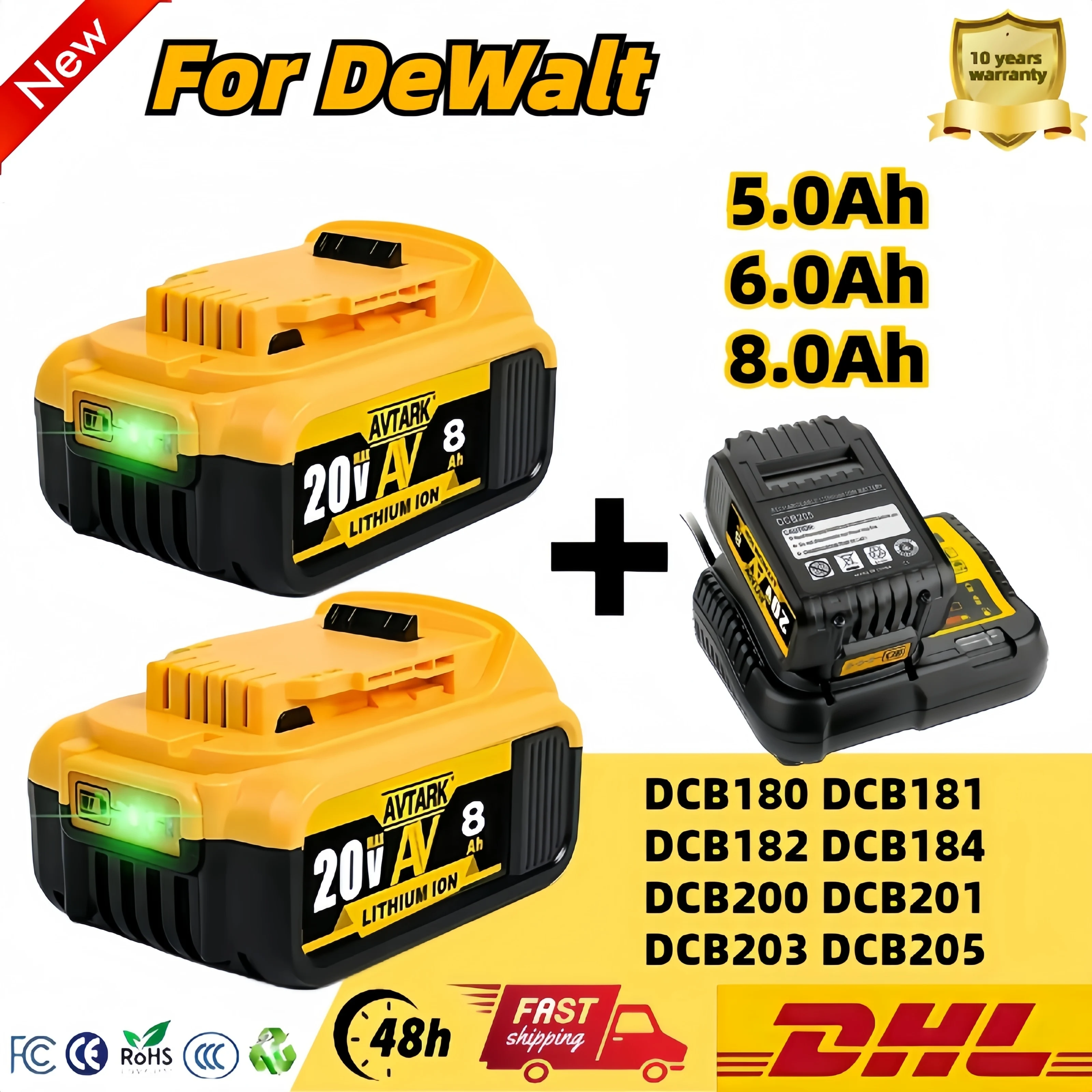 

2024 Upgrade DCB200 20V 6000mAh Battery , charger For Dewalt 18V DCB184 DCB200 DCB182 DCB180 DCB181 DCB182 DCB201 Tools Battery