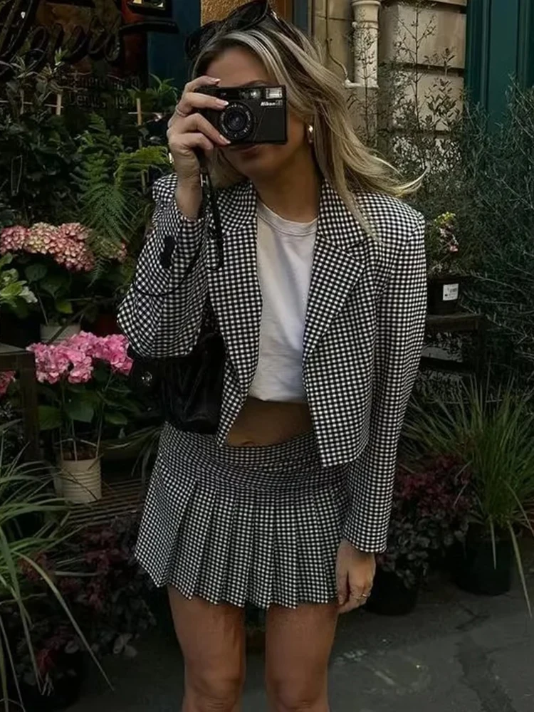 ByeMyLove Checkered Print Women\'s Suit Top and Skirt Outfits 2 Pieces Sets Women Casual V Neck Blazer Match Sets Plaid Print