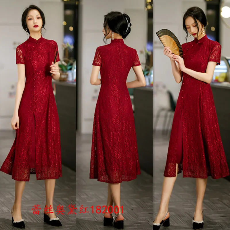 Abito tradizionale cinese migliorato con spacco anteriore in pizzo rosso lungo Ao Dai Cheongsam gonna 2023 festa di nozze Qipao per le donne Plus Size