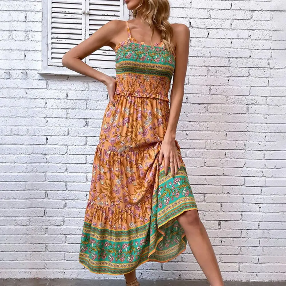 Vrouwen Bretels Jurk Etnische Stijl Maxi Jurk Met Shirring Patchwork Details Voor Vrouwen A-Lijn Zoom Vakantie Zomerjurk Met Hoge